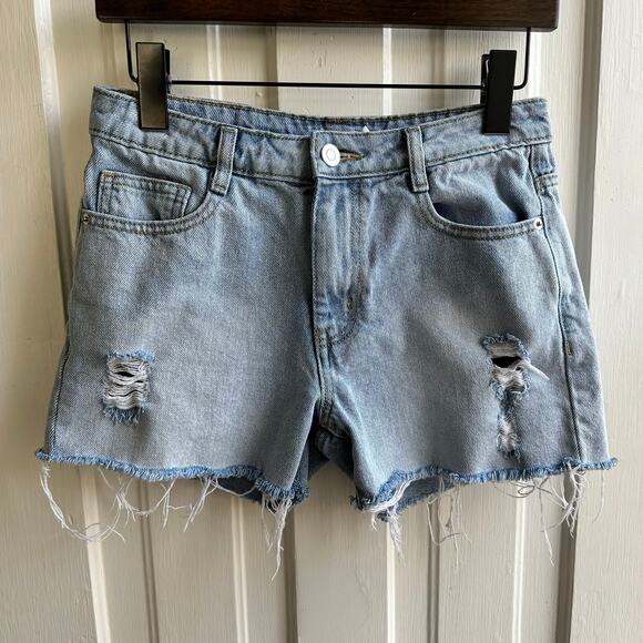 Avec Les Filles Destructed Sun Washed Blue Denim Shorts - Picture 2 of 8